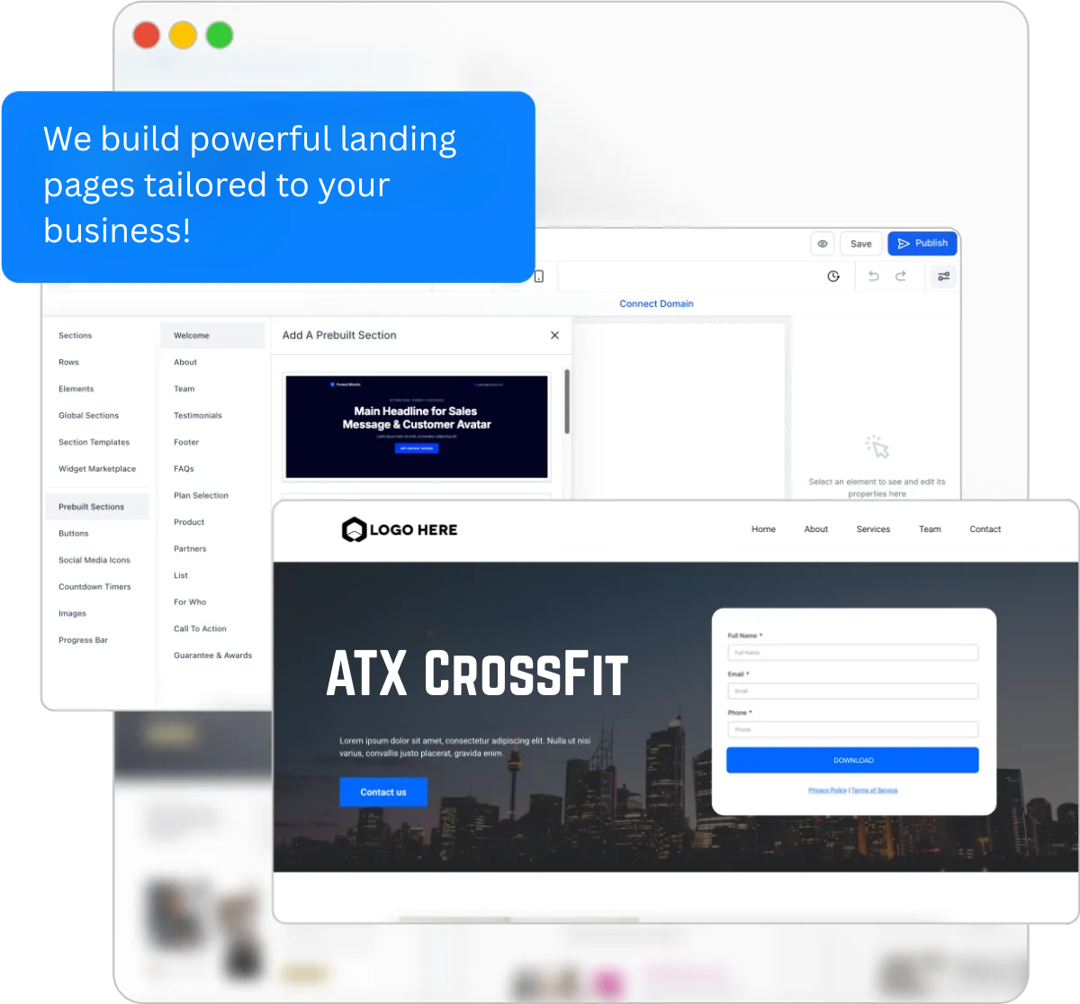 Website builder interface showing funnel creation and landing page design tools
